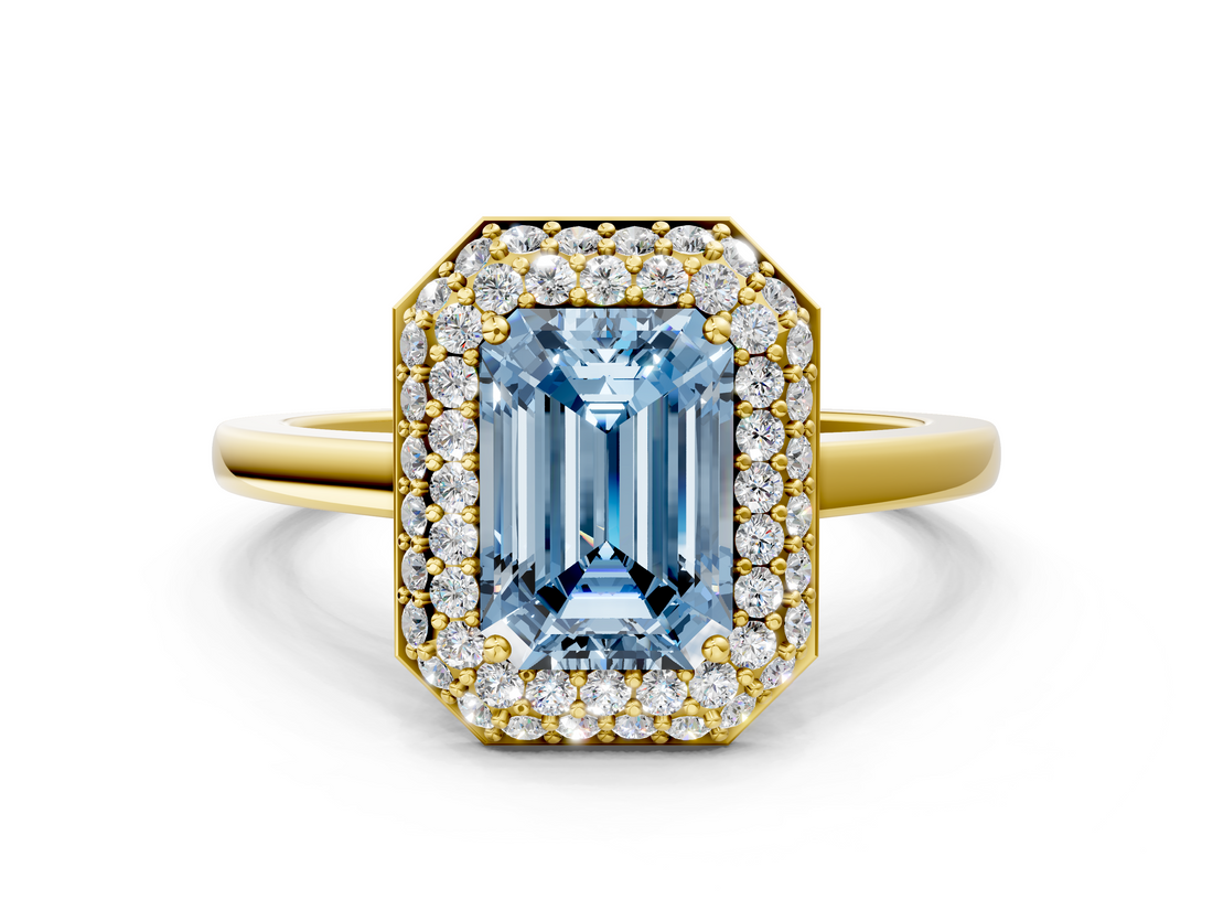 Yellow gold Fancy Blue Emerald  Halo Diamond Engagement Ring with Solitaire Band and Four-Prong Setting_21
