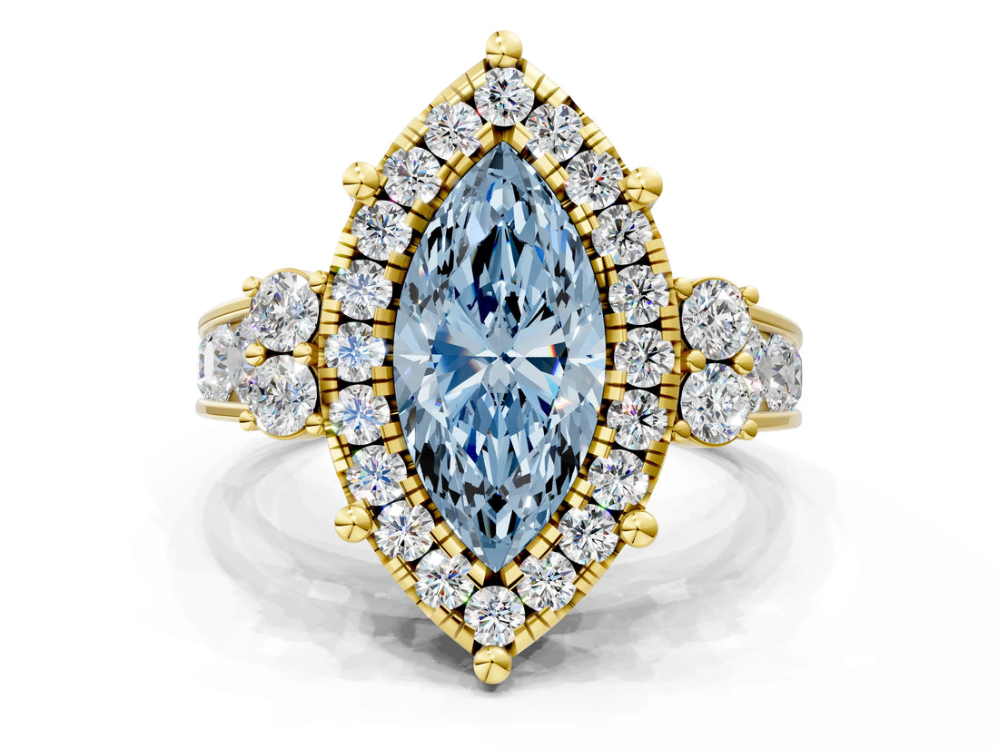 Yellow gold Fancy Blue Emerald  Halo Diamond Engagement Ring with Split Shank and Four-Prong Setting_42