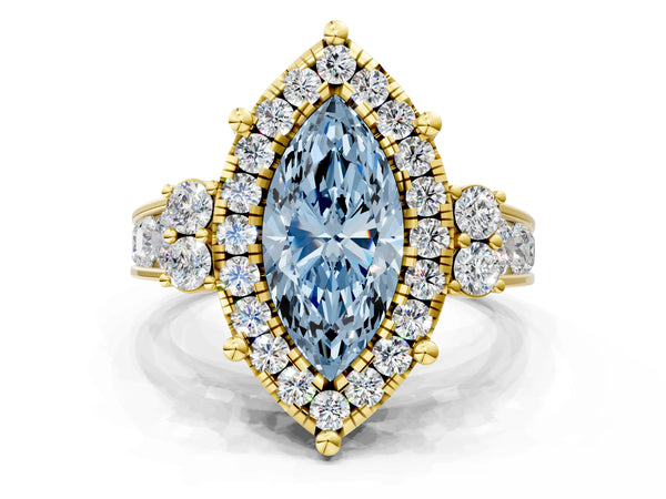 Yellow gold Fancy Blue Emerald  Halo Diamond Engagement Ring with Split Shank and Four-Prong Setting