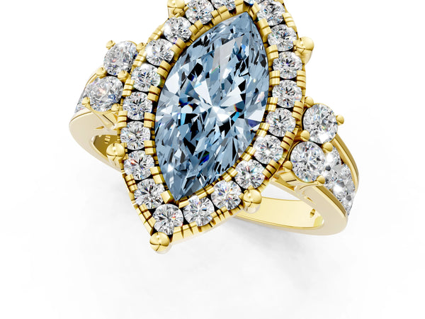 Yellow gold Fancy Blue Emerald  Halo Diamond Engagement Ring with Split Shank and Four-Prong Setting