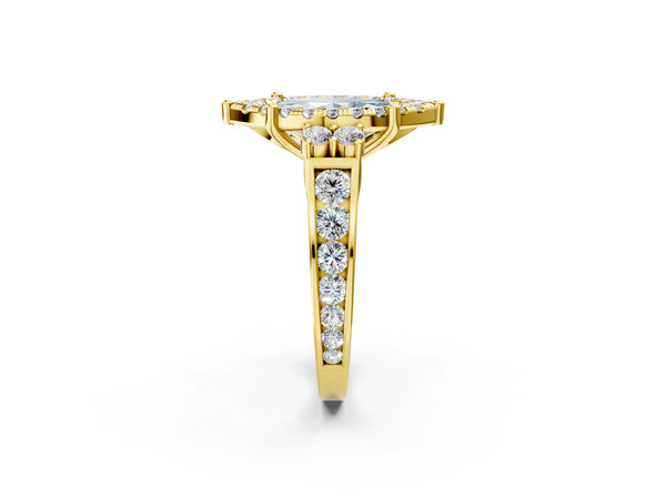 Yellow gold Fancy Blue Emerald  Halo Diamond Engagement Ring with Split Shank and Four-Prong Setting