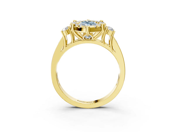 Yellow gold Fancy Blue Emerald  Halo Diamond Engagement Ring with Split Shank and Four-Prong Setting