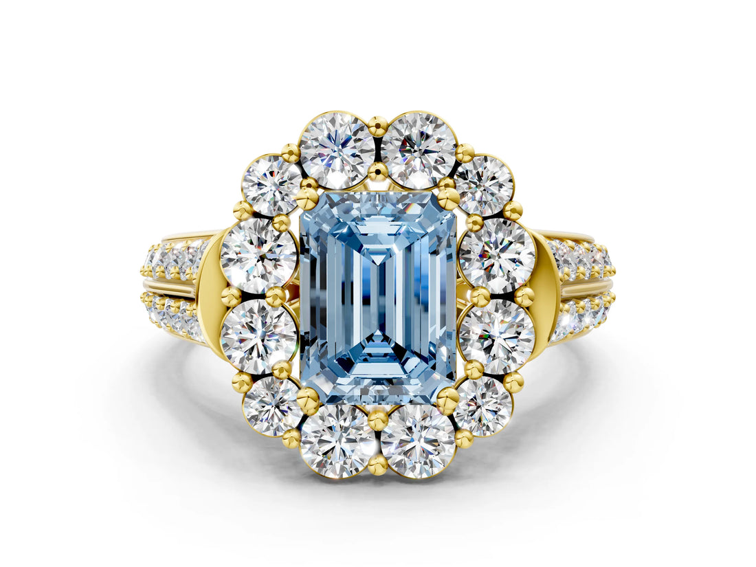 Yellow gold Fancy Blue Emerald  Halo Diamond Engagement Ring with Split Shank and Prong Setting_66