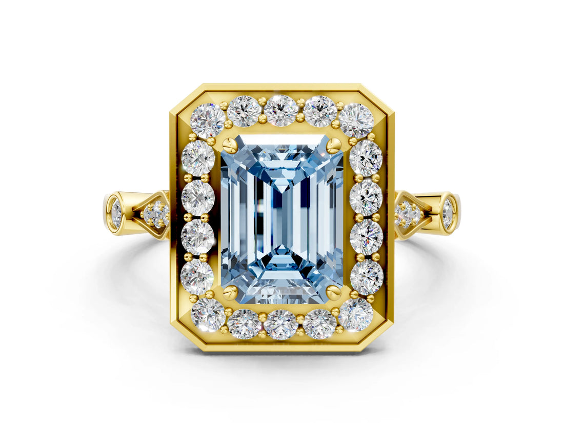 Yellow gold Fancy Blue Emerald  Halo Diamond Engagement Ring with Twisted Band and Four-Prong Setting 1