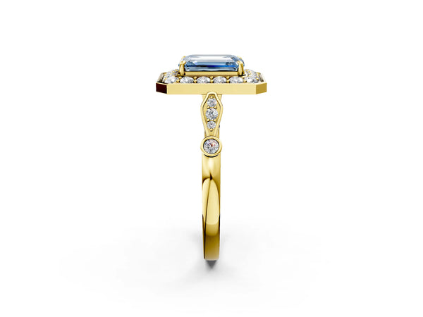 Yellow gold Fancy Blue Emerald  Halo Diamond Engagement Ring with Twisted Band and Four-Prong Setting