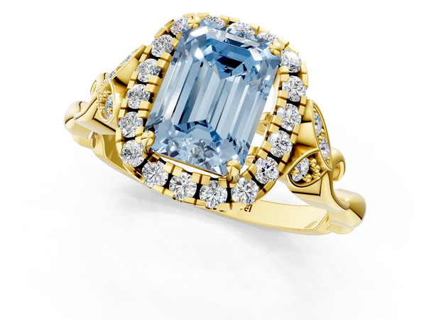 Yellow gold Fancy Blue Emerald  Halo Diamond Engagement Ring with Vintage-Inspired Band and Four-Prong Setting