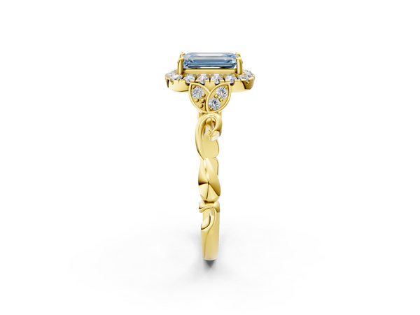 Yellow gold Fancy Blue Emerald  Halo Diamond Engagement Ring with Vintage-Inspired Band and Four-Prong Setting