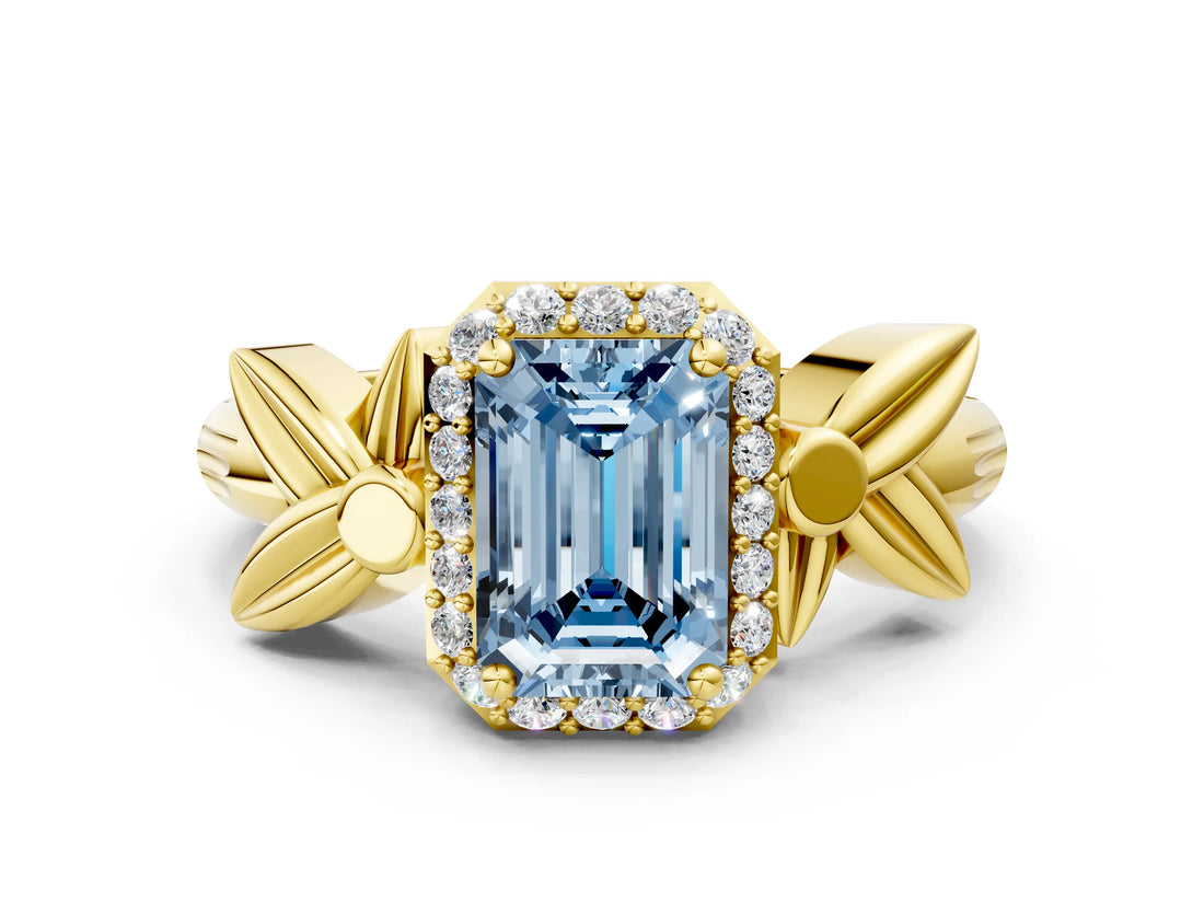 Yellow gold Fancy Blue Emerald  Halo Diamond Floral Band with Four-Prong Setting_54