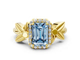 Yellow gold Fancy Blue Emerald  Halo Diamond Floral Band with Four-Prong Setting_54