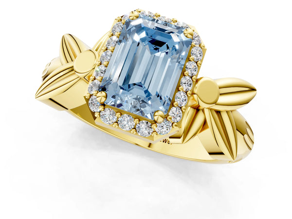 Yellow gold Fancy Blue Emerald  Halo Diamond Floral Band with Four-Prong Setting
