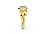 Yellow gold Fancy Blue Emerald  Halo Diamond Floral Band with Four-Prong Setting_56
