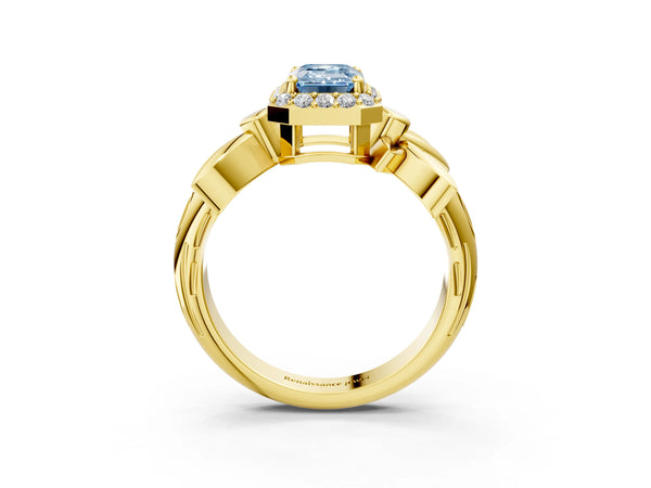 Yellow gold Fancy Blue Emerald  Halo Diamond Floral Band with Four-Prong Setting
