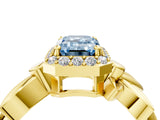 Yellow gold Fancy Blue Emerald  Halo Diamond Floral Band with Four-Prong Setting_58