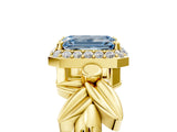 Yellow gold Fancy Blue Emerald  Halo Diamond Floral Band with Four-Prong Setting_59