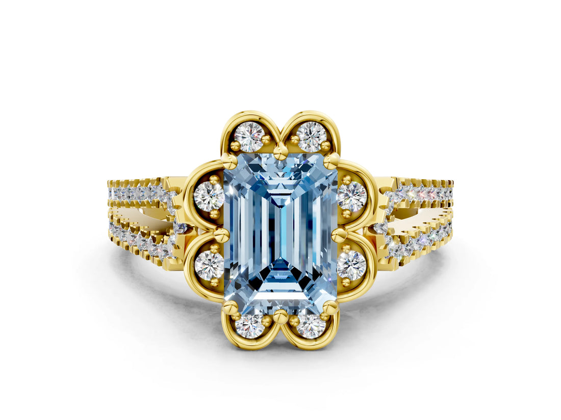 Yellow gold Fancy Blue Emerald  Halo Diamond Floral Split Shank Engagement Ring 1