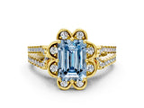 Yellow gold Fancy Blue Emerald  Halo Diamond Floral Split Shank Engagement Ring 1