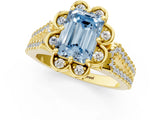 Yellow gold Fancy Blue Emerald  Halo Diamond Floral Split Shank Engagement Ring 2