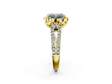 Yellow gold Fancy Blue Emerald  Halo Diamond Floral Split Shank Engagement Ring 3