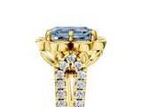 Yellow gold Fancy Blue Emerald  Halo Diamond Floral Split Shank Engagement Ring