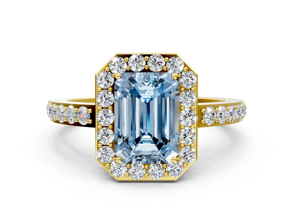 Yellow gold Fancy Blue Emerald  Halo Diamond Pavé Band Ring with Prong Setting