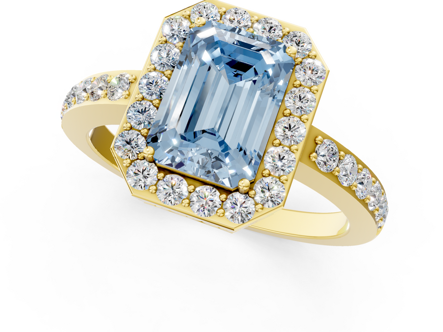 Yellow gold Fancy Blue Emerald  Halo Diamond Pavé Band Ring with Prong Setting