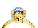 Yellow gold Fancy Blue Emerald  Halo Diamond Pave Band Ring with Four-Prong Setting_19