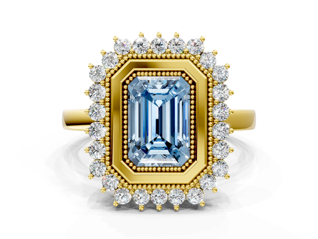 Yellow gold Fancy Blue Emerald  Halo Diamond Ring with Milgrain Edge and Round Prong Setting_25
