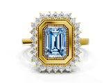 Yellow gold Fancy Blue Emerald  Halo Diamond Ring with Milgrain Edge and Round Prong Setting_25