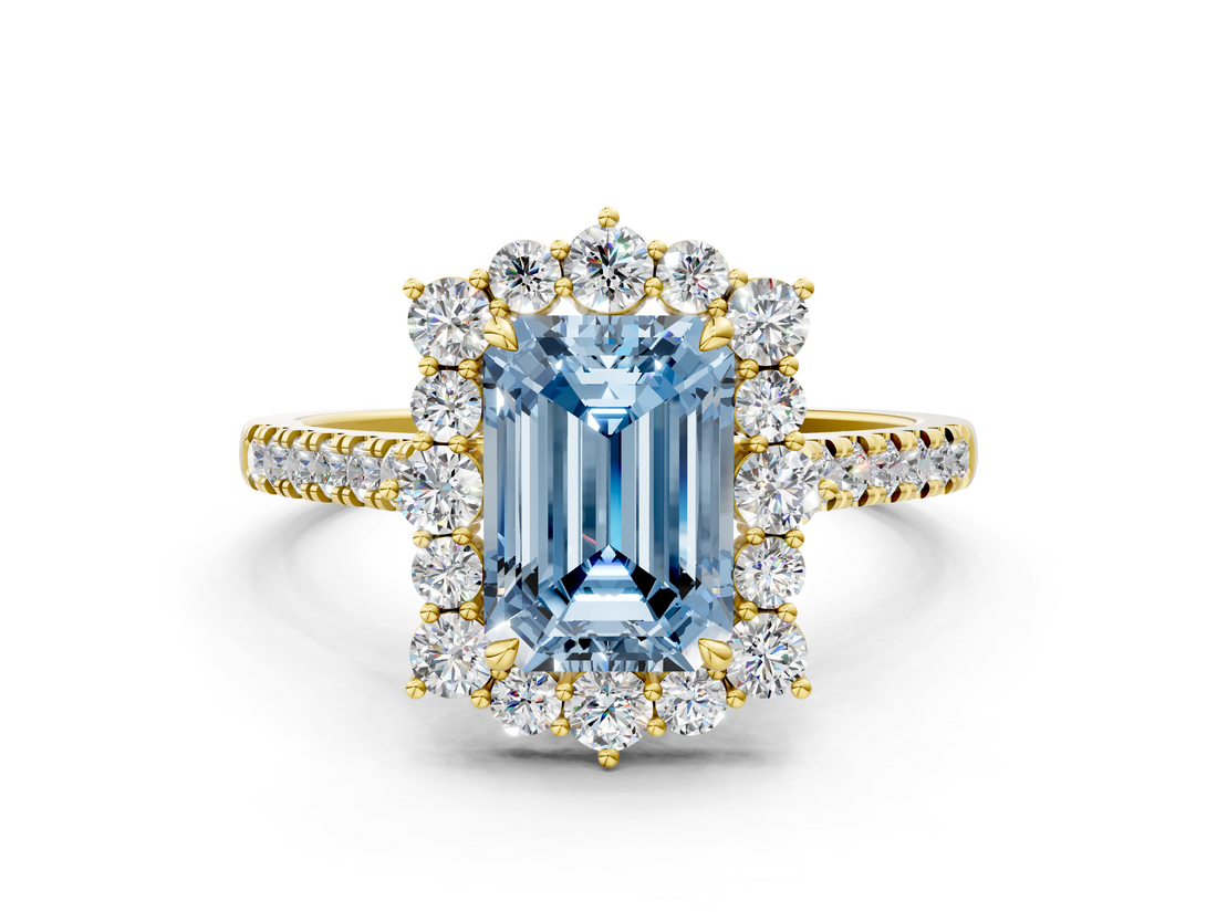 Yellow gold Fancy Blue Emerald  Halo Diamond Ring with Pavé Band and Prong Setting_20