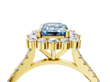 Yellow gold Fancy Blue Emerald  Halo Diamond Ring with Pavé Band and Prong Setting_24