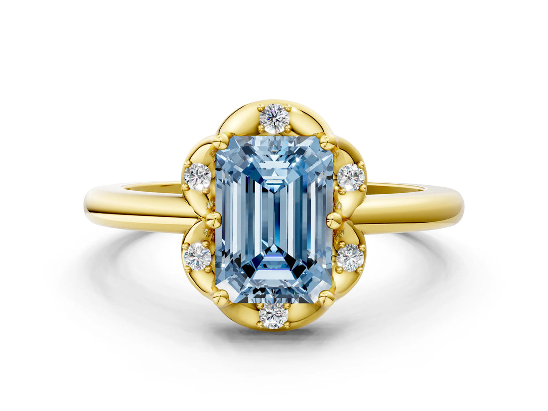 Yellow gold Fancy Blue Emerald  Halo Diamond Ring with Round Cluster Setting, Solitaire Band, and Four-Prong Setting_84