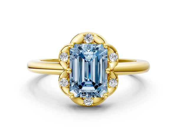 Yellow gold Fancy Blue Emerald  Halo Diamond Ring with Round Cluster Setting, Solitaire Band, and Four-Prong Setting