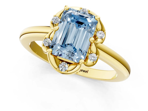 Yellow gold Fancy Blue Emerald  Halo Diamond Ring with Round Cluster Setting, Solitaire Band, and Four-Prong Setting