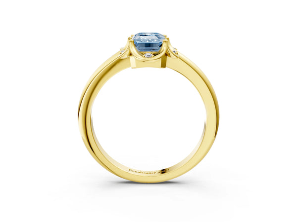 Yellow gold Fancy Blue Emerald  Halo Diamond Ring with Round Cluster Setting, Solitaire Band, and Four-Prong Setting