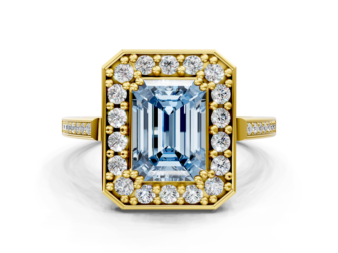 Yellow gold Fancy Blue Emerald  Halo Diamond Ring with Split Shank and Four-Prong Setting_54