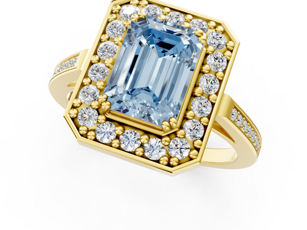 Yellow gold Fancy Blue Emerald Cut Diamond Halo Ring with Split Shank and Four-Prong Setting