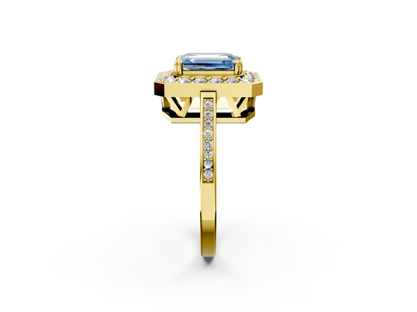 Yellow gold Fancy Blue Emerald Cut Diamond Halo Ring with Split Shank and Four-Prong Setting