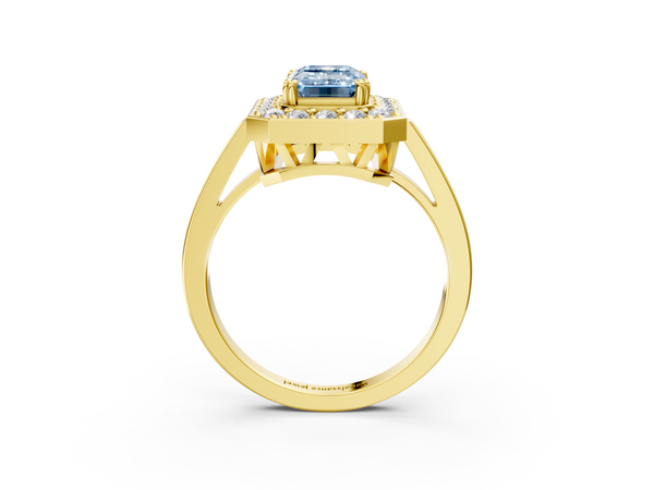 Yellow gold Fancy Blue Emerald Cut Diamond Halo Ring with Split Shank and Four-Prong Setting