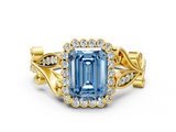 Yellow gold Fancy Blue Emerald  Halo Diamond Ring with Vintage Split Shank and Four-Prong Setting_20