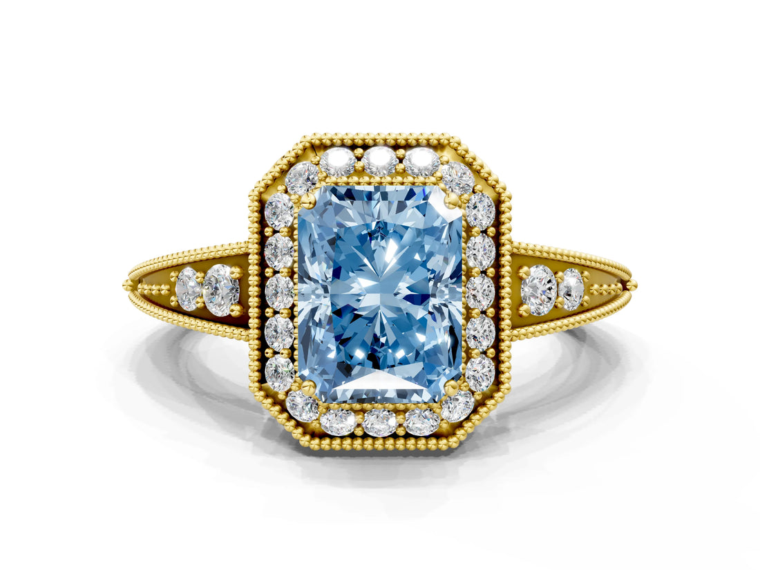 Yellow gold Fancy Blue Emerald  Halo Diamond Split Shank Ring with Milgrain Detail_49