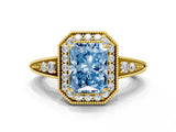 Yellow gold Fancy Blue Emerald  Halo Diamond Split Shank Ring with Milgrain Detail_49