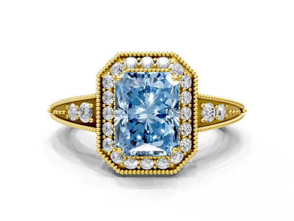 Yellow gold Fancy Blue Emerald  Halo Diamond Split Shank Ring with Milgrain Detail