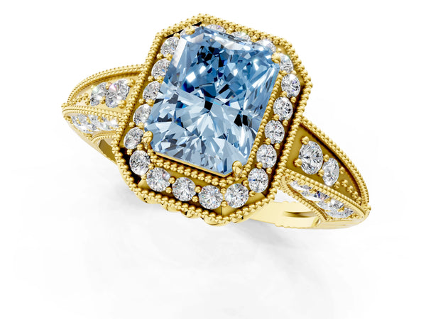 Yellow gold Fancy Blue Emerald  Halo Diamond Split Shank Ring with Milgrain Detail
