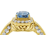 Yellow gold Fancy Blue Emerald  Halo Diamond Split Shank Ring with Milgrain Detail_53