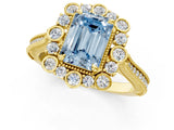 Yellow gold Fancy Blue Emerald  Halo Milgrain Pave Diamond Ring with Four-Prong Setting 1