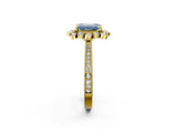 Yellow gold Fancy Blue Emerald  Halo Milgrain Pave Diamond Ring with Four-Prong Setting 2