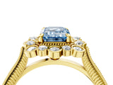 Yellow gold Fancy Blue Emerald  Halo Milgrain Pave Diamond Ring with Four-Prong Setting 4