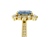 Yellow gold Fancy Blue Emerald  Halo Milgrain Pave Diamond Ring with Four-Prong Setting 5
