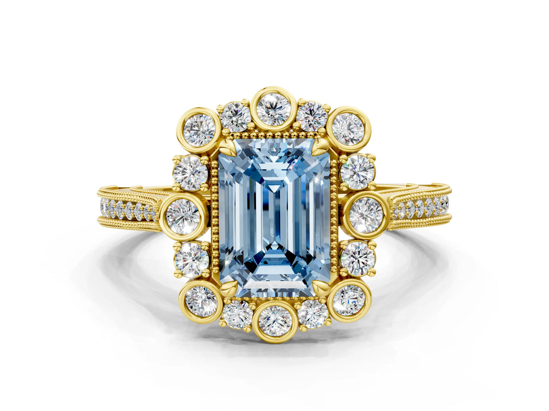 Yellow gold Fancy Blue Emerald  Halo Milgrain Pave Diamond Ring with Four-Prong Setting