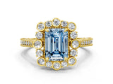 Yellow gold Fancy Blue Emerald  Halo Milgrain Pave Diamond Ring with Four-Prong Setting